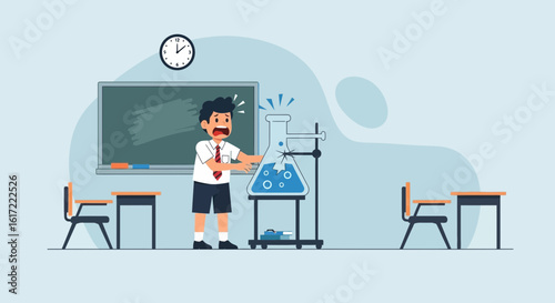 Cartoon depiction of a scared student with a broken flask in a classroom setting