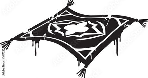 Stylized black magic carpet icon with tassels and grunge drippin
