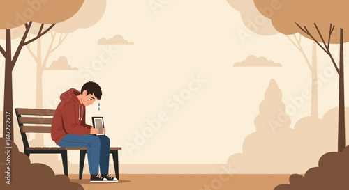 Cartoon illustration depicting a sad young man holding a photo frame in a park