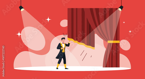 Cartoon illustration depicting a showman unveiling red stage curtains under spotlights