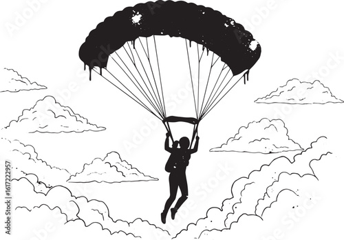 Sketchy skydiving adventure soaring among clouds with celestial