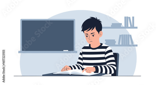 Focused Student Engaging In Quiet Study With Blackboard And Book Shelf