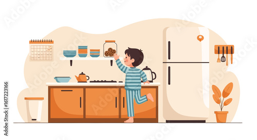 Cartoon illustration of a child reaching for cookies in a jar on kitchen counter