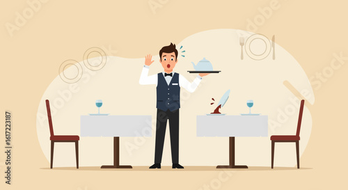 Cartoon illustration of a clumsy waiter dropping food in a restaurant setting with elegant tables and chairs