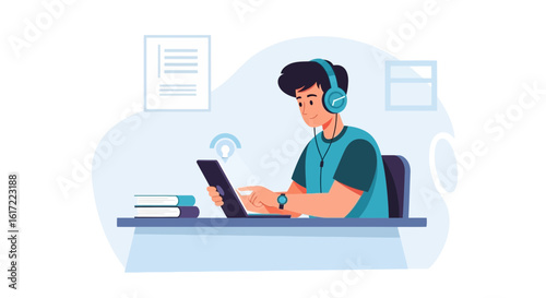 Focused Student Wearing Headphones While Learning Online With Tablet Device