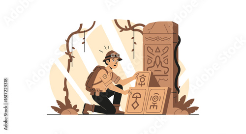 Adventurer Solving Ancient Puzzle Near Jungle Stone Pillar With Symbols