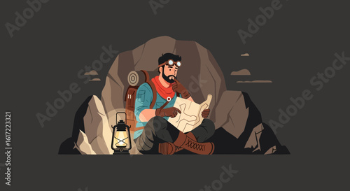 Adventurer Plots Route On Ancient Map Using Lantern Light For Guidance