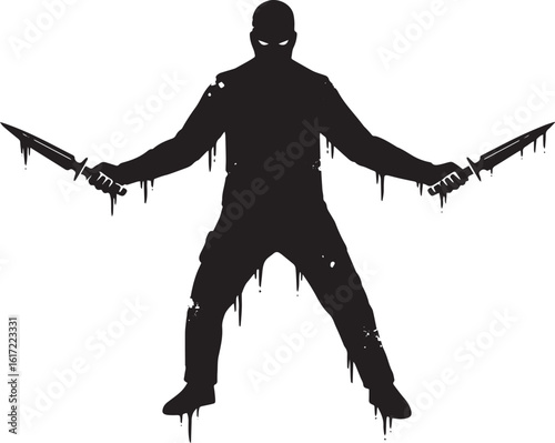 Dark silhouette of a menacing figure wielding daggers, 