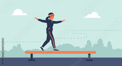 Focused Woman Practicing Balance Exercising On A Beam Outdoors With Nature Backdrop