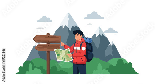 Adventuresome Hiker Consults A Map Near A Signpost In The Mountainous Outdoors