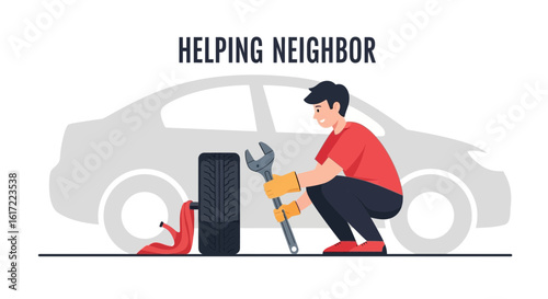 Friendly Gesture Neighbor Assisting With Car Tire Maintenance And Roadside Assistance