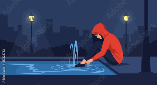 Desolate Evening Reflections Girl Enveloped In Sadness By Urban Fountain Solitude