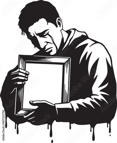 Monochrome sorrowful man illustration clutching a blank picture