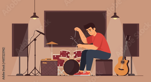 Despondent drummer with a broken drumstick in a musical practice studio with drum set