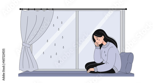 Despondent Woman Grieving By Window On Rainy Day With Longing Heart
