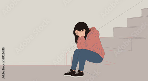 Alone Girl Feeling Sad And Anxious Sitting On Staircase At Home Depression