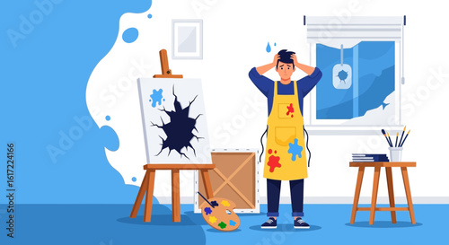 Frustrated Artist In Studio With Ruined Canvas And Broken Window Depicts Disaster