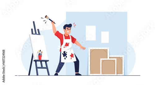 Frustrated Artist Holds a Brush Near a Canvas in his Studio