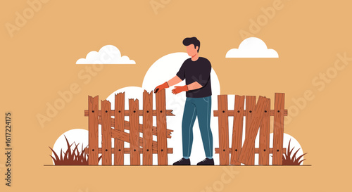 Diligent Man Repairing Damaged Fence On His Property With Hand Tools