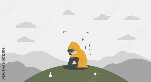Alone In The Rain Sad Person In A Yellow Raincoat With A Cloudy Sky