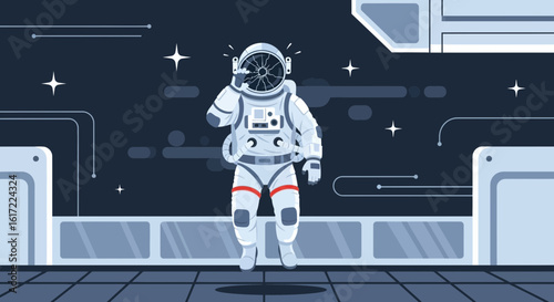 An illustration of an astronaut dealing with a broken helmet in zero gravity space station