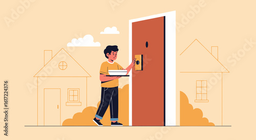 Dish Delivery Service Delivering Food To Home Knocking Doorbell Concept