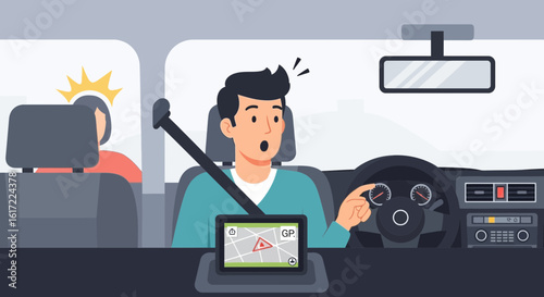 Distracted driver nearly crashes the car, rear passenger in danger, driver in shock and using sat nav while driving the car