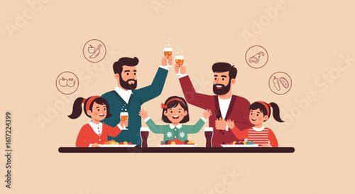 Celebrating Family Bonds Two Fathers Toasting Together With Their Kids At Dinner