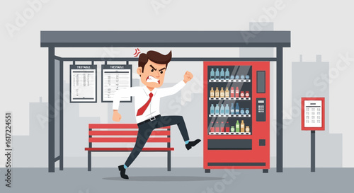 Frustrated Commuter Confronting Malfunctioning Vending Machine At City Bus Stop