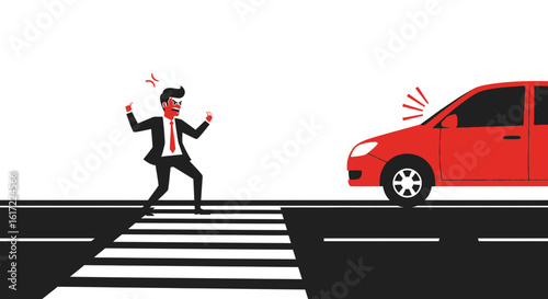 Angry pedestrian confronts driver on crosswalk illustrating road rage incident