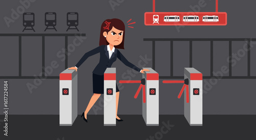 Frustrated Commuter Trying to Get Through a Subway Turnstile Gate