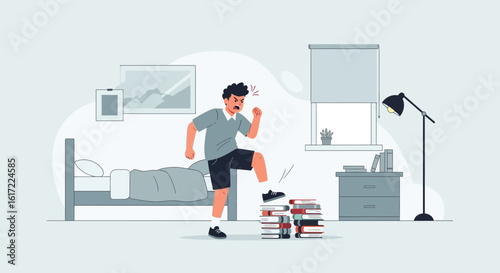 Angry Student Stepping on Books Pile In Bedroom Scene Frustrated Learner Concept