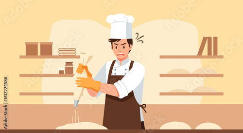 Frustrated Confectioner Tries to Decorate Cake With Icing Pastry Bag
