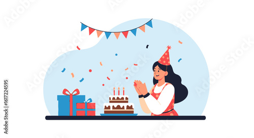 Celebration Moment Woman Clapping With Cake Presents And Party Decor