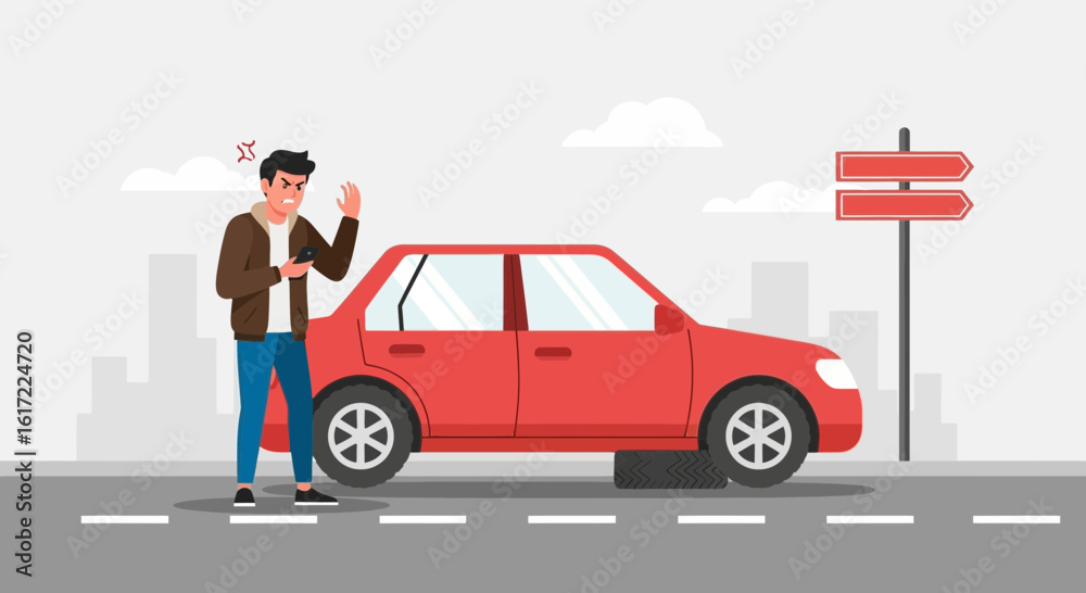 Frustrated Driver With Flat Tire Calling For Assistance On His Mobile Phone Frustrated Driver With Flat Tire Calling For Assistance On His Mobile Phone