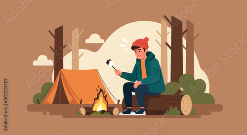 Animated Illustration of a Hiker Overheating While Roasting a Marshmallow at Campsite