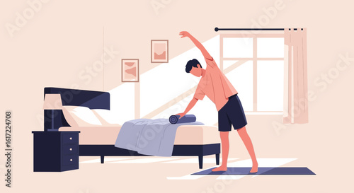 Early Morning Rituals: Man Practicing Stretching Routine In a Minimalist Bedroom