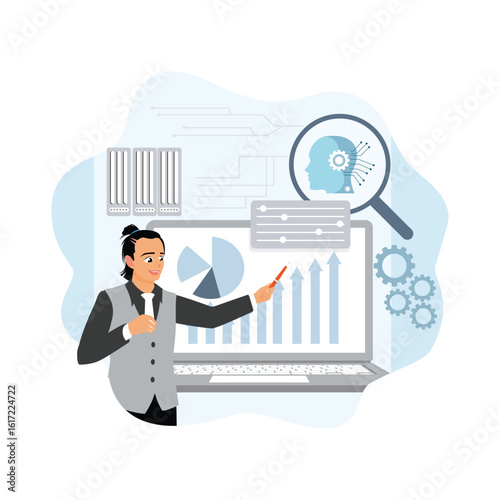 Young entrepreneurs analyze real-time data with AI.