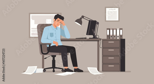 Frustrated Employee Crying at Desk Due to Stress and Overwork in Office