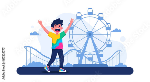 Cheerful Boy Enjoying Amusement Park Rides And Entertainment Attractions