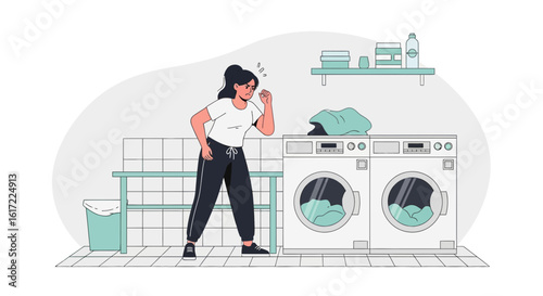 Annoyed Woman Frustrated With Laundry Tasks In A Laundry Room