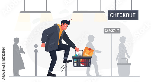 Frustrated Man At Grocery Store Checkout Line Illustrates Consumerism Anxiety