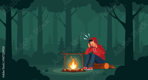 Anxiety In Deep Forest At Night While Camping With Campfire For Escape