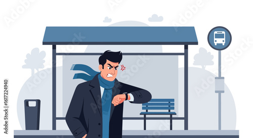 Frustrated Man At The Bus Stop Checking The Time Due Late Arrival