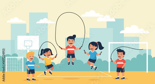 Cheerful children enjoying active play with jump ropes in a vibrant outdoor setting