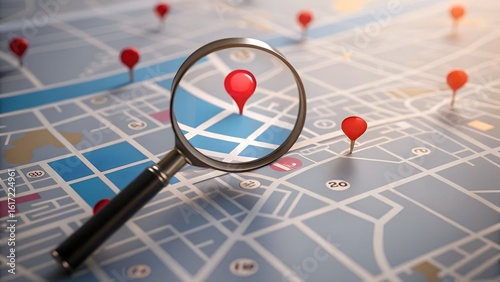 Magnifying glass over map with red location pins, searching for destination