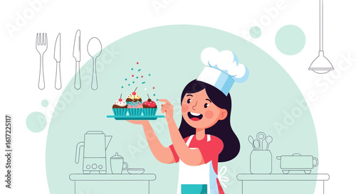 Cheerful Confectioner Decorating Fresh Cupcakes With Sprinkles In A Bright Kitchen
