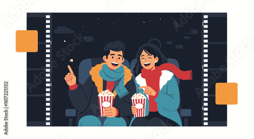 Cheerful Couple Enjoying a Movie in the Cinema with Popcorn in Winter
