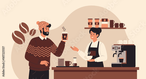 Cheerful Customer Receives Fresh Coffee From Friendly Barista At Trendy Cafe