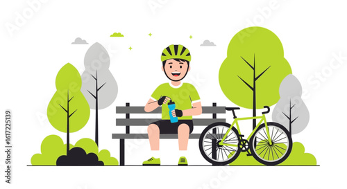 Cheerful Cyclist Relaxing On Park Bench After Bike Ride Sipping Water